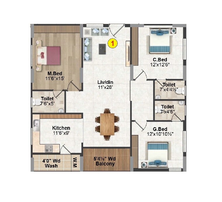 Floor plan of 3 BHK 1613 Sq. Ft. Apartment in Kinetic Palazzo, Hyderabad