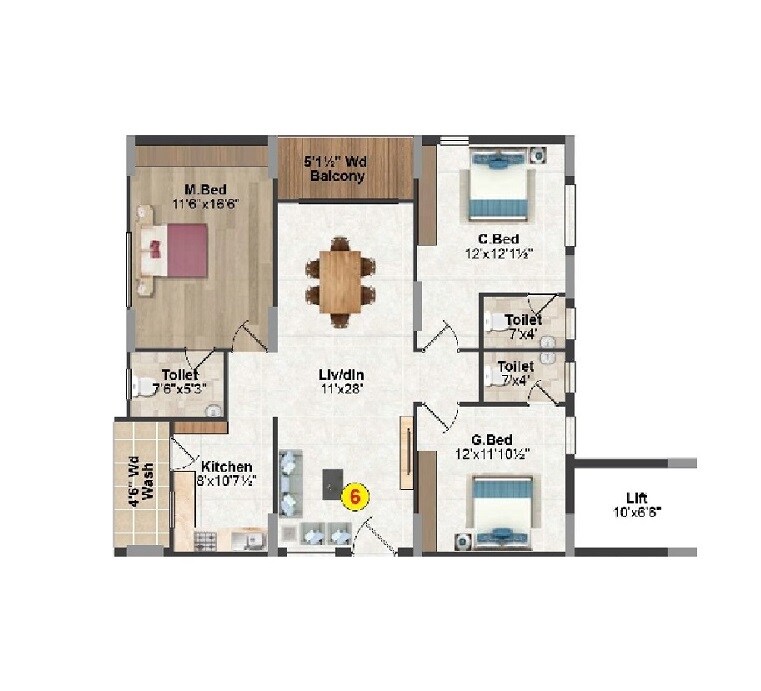 Floor plan of 3 BHK 1912 Sq. Ft. Apartment in Kinetic Palazzo, Hyderabad