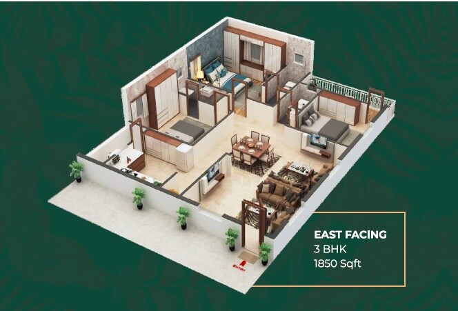 Floor plan of 3 BHK Apartment - 1850 sq. ft. in KK Rao Eastern Sky, Hyderabad
