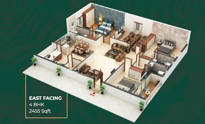 Floor plan of 4 BHK Apartment - 2455 sq. ft. in KK Rao Eastern Sky, Hyderabad