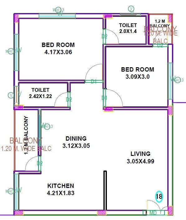 Floor plan of 2 BHK 1125 Sq. Ft. Apartment in KKR Telukuntla Homes, Hyderabad