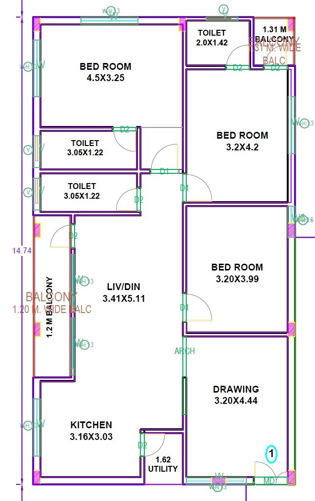 Floor plan of 3 BHK 1700 Sq. Ft. Apartment in KKR Telukuntla Homes, Hyderabad