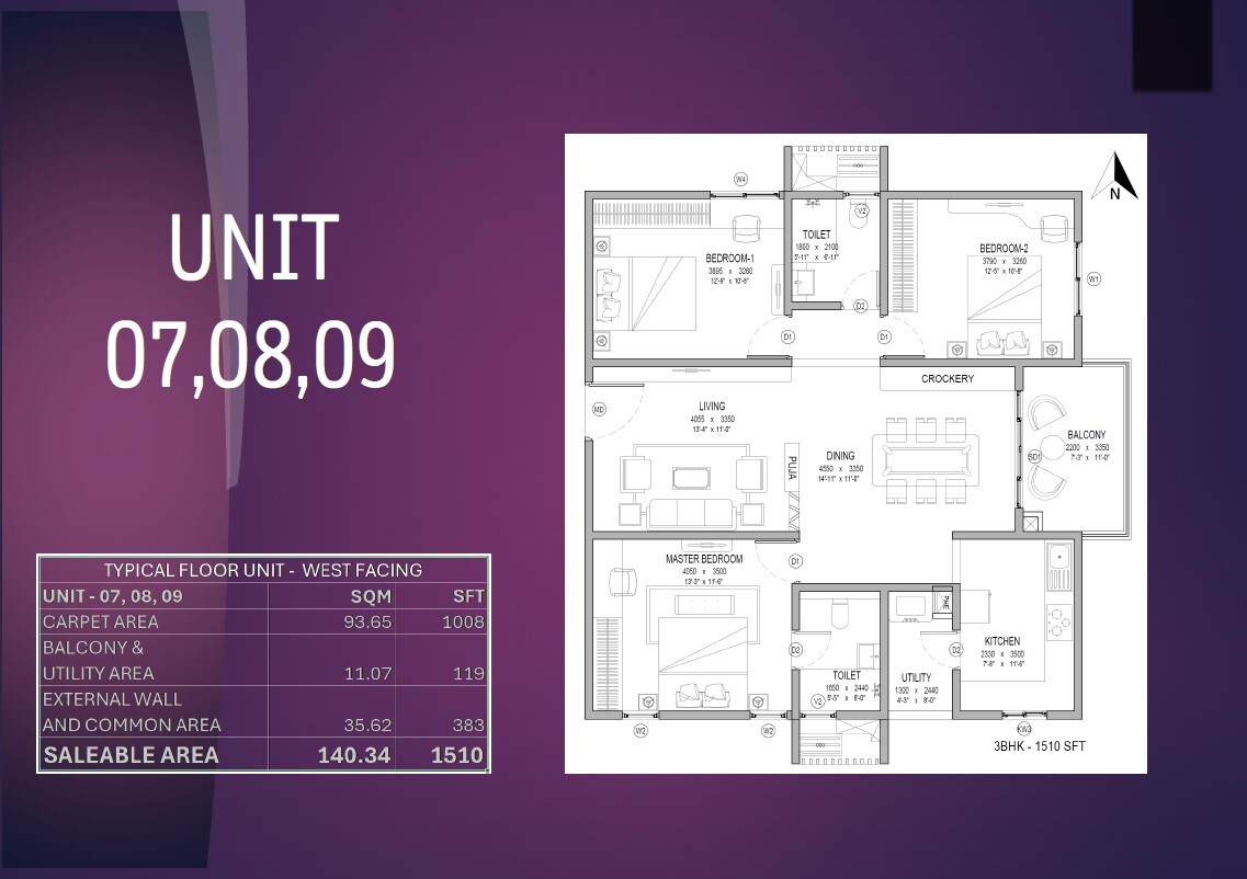 Floor plan of 3 BHK 1510 Sq. Ft. Apartment in KMR Luxor Exclusive, Hyderabad