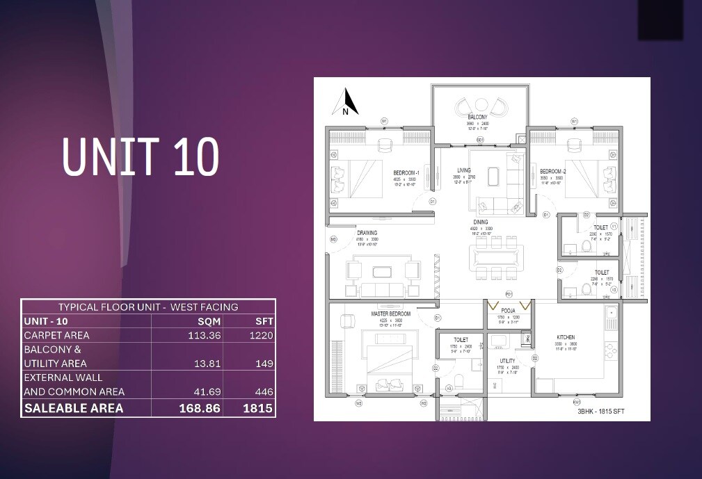Floor plan of 3 BHK 1815 Sq. Ft. Apartment in KMR Luxor Exclusive, Hyderabad