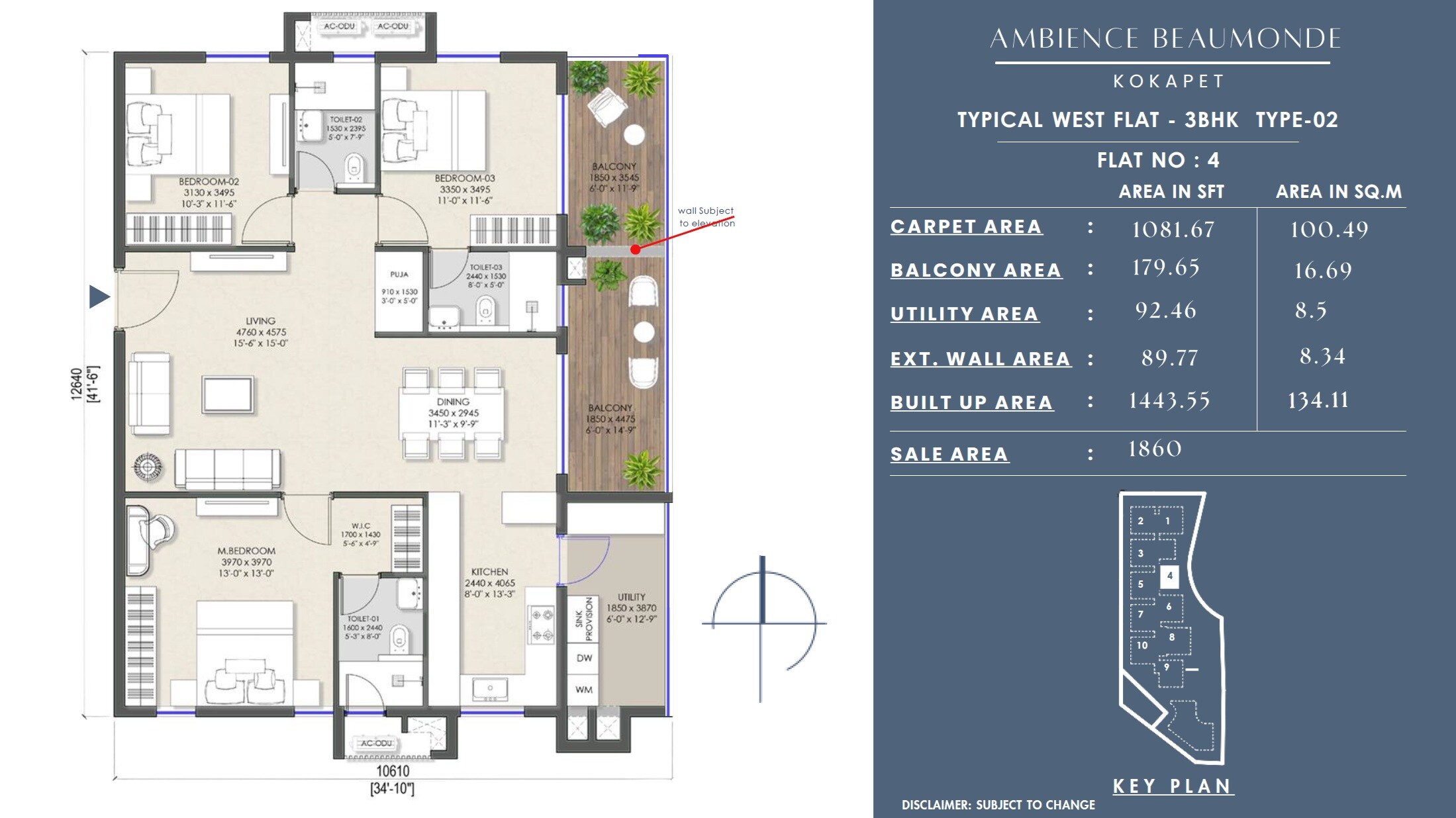 Floor plan of 3 BHK 1860 Sq. Ft. Apartment in Koncept Ambience Beaumonde, Hyderabad