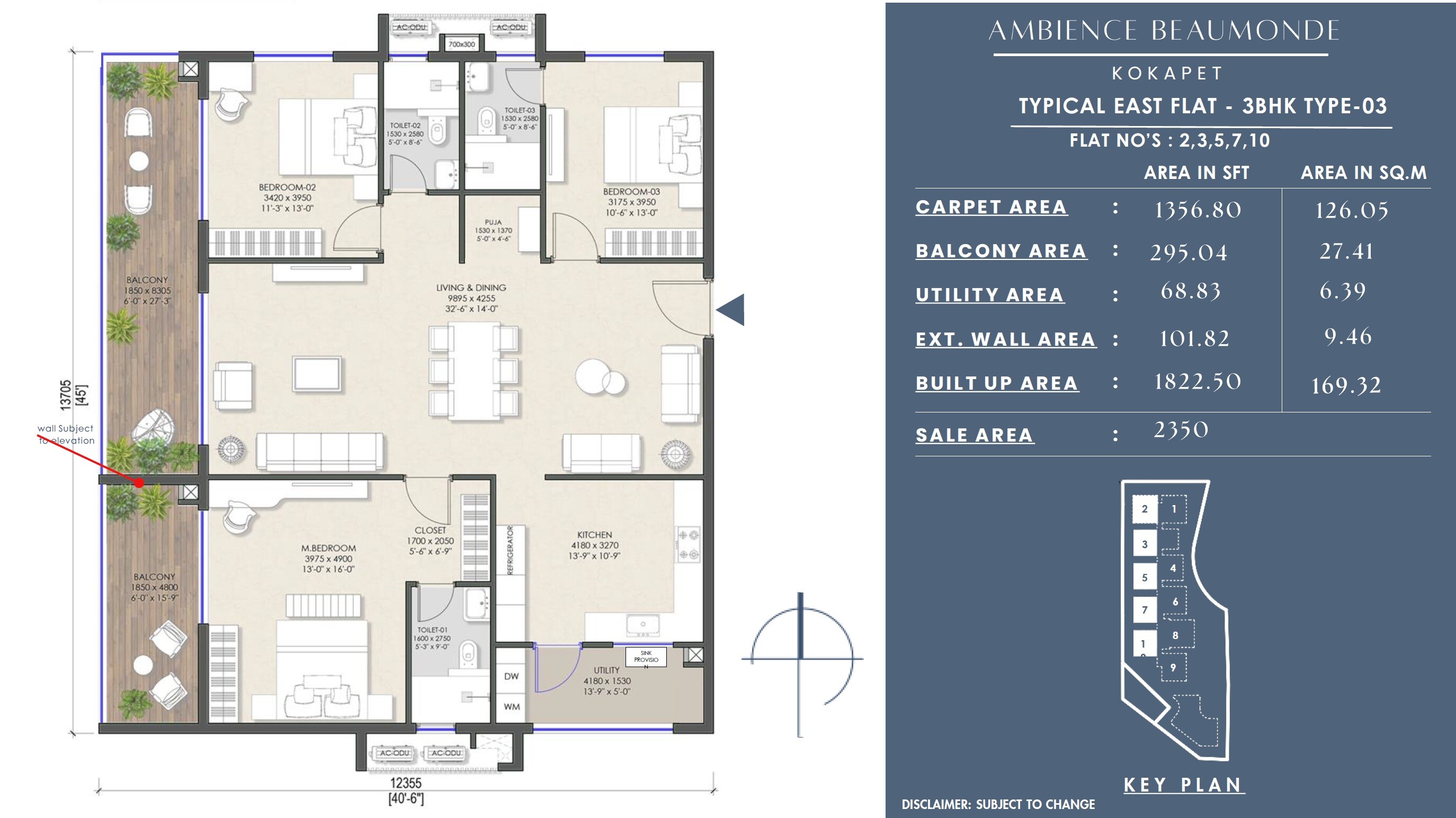 Floor plan of 3 BHK 2350 Sq. Ft. Apartment in Koncept Ambience Beaumonde, Hyderabad