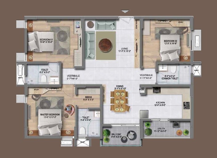 Floor plan of 3 BHK 1725 Sq. Ft. Apartment in Koncept Ambience Park View, Hyderabad