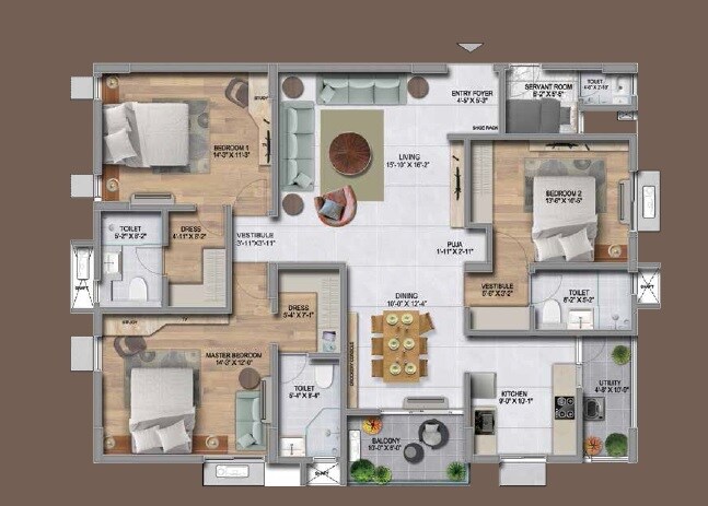 Floor plan of 3 BHK 2121 Sq. Ft. Apartment in Koncept Ambience Park View, Hyderabad