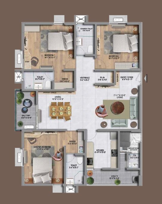 Floor plan of 3 BHK 2168 Sq. Ft. Apartment in Koncept Ambience Park View, Hyderabad