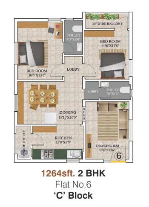 Floor plan of 2 BHK 1264 Sq. Ft. Apartment in Kotech Signature, Hyderabad