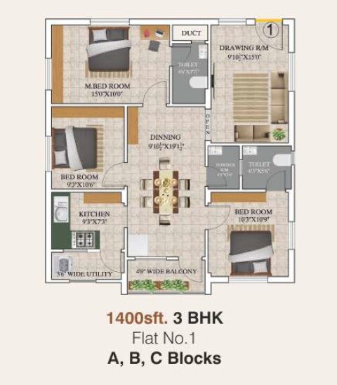 Floor plan of 2 BHK 1400 Sq. Ft. Apartment in Kotech Signature, Hyderabad