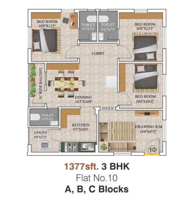 Floor plan of 3 BHK 1377 Sq. Ft. Apartment in Kotech Signature, Hyderabad