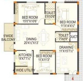 Floor plan of 3 BHK 1700 Sq. Ft. Apartment in Kranti Cresent Signature, Hyderabad