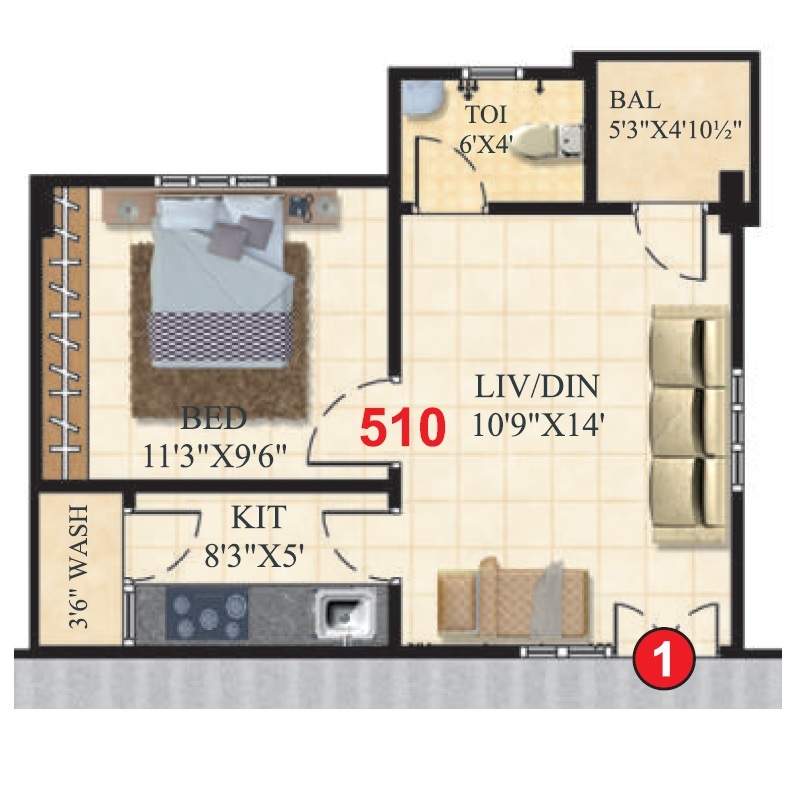 1 BHK 510 Sq. Ft. Apartment in Krishnateja Aishwarya Icon
