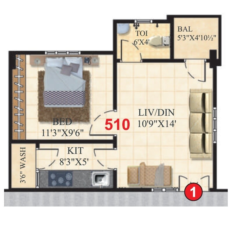 Floor plan of 1 BHK 510 Sq. Ft. Apartment in Krishnateja Aishwarya Icon, Hyderabad