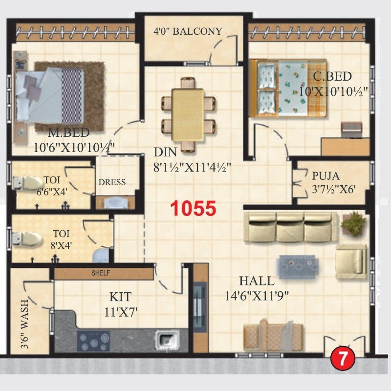 Floor plan of 2 BHK 1055 Sq. Ft. Apartment in Krishnateja Aishwarya Icon, Hyderabad