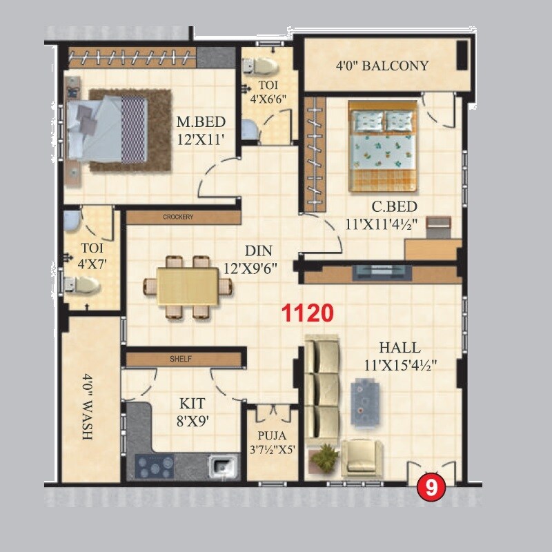 Floor plan of 2 BHK 1120 Sq. Ft. Apartment in Krishnateja Aishwarya Icon, Hyderabad