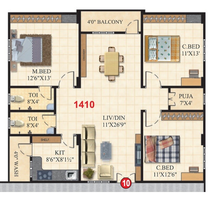 Floor plan of 3 BHK 1410 Sq. Ft. Apartment in Krishnateja Aishwarya Icon, Hyderabad