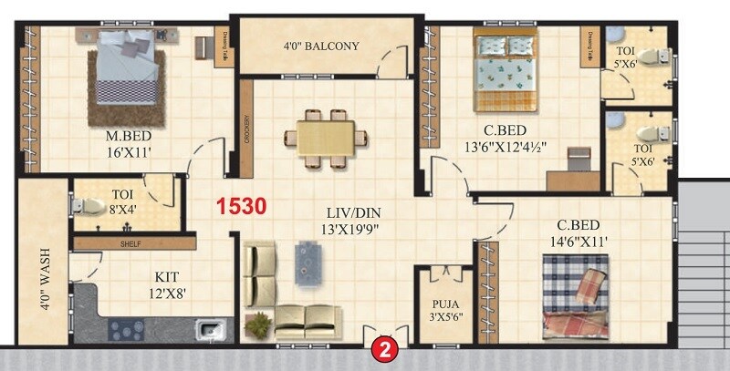 Floor plan of 3 BHK 1530 Sq. Ft. Apartment in Krishnateja Aishwarya Icon, Hyderabad