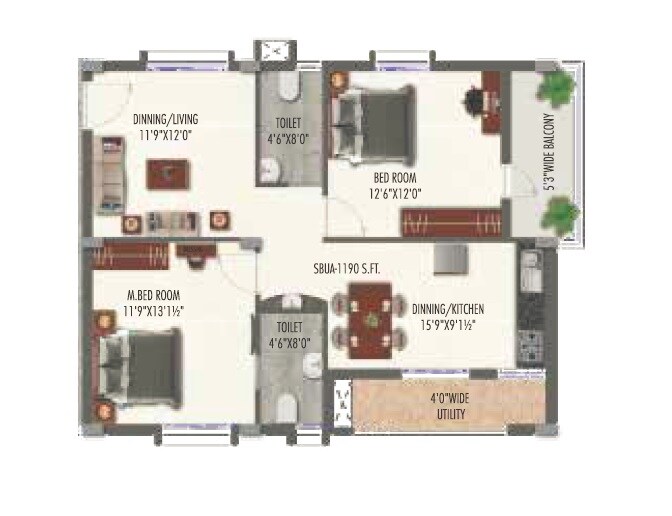 Floor plan of 2 BHK 1190 Sq. Ft. Apartment in Krushi Gardenia, Hyderabad
