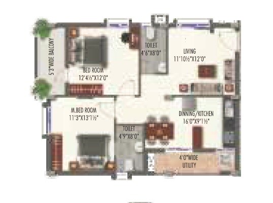 Floor plan of 2 BHK 1220 Sq. Ft. Apartment in Krushi Gardenia, Hyderabad