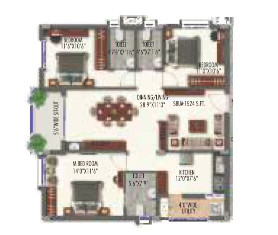 Floor plan of 3 BHK 1524 Sq. Ft. Apartment in Krushi Gardenia, Hyderabad