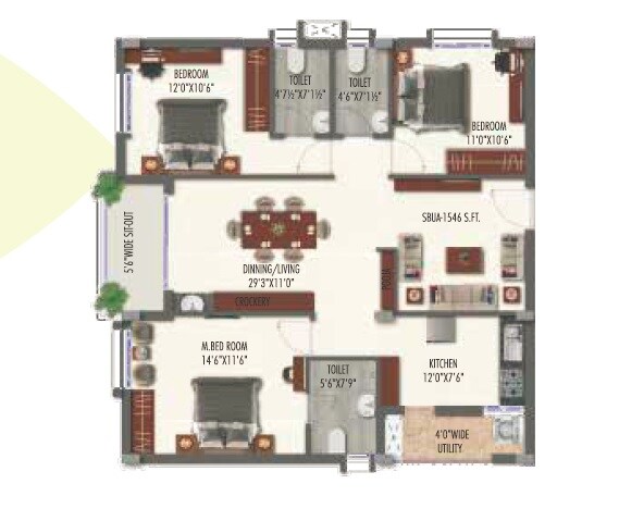 Floor plan of 3 BHK 1546 Sq. Ft. Apartment in Krushi Gardenia, Hyderabad