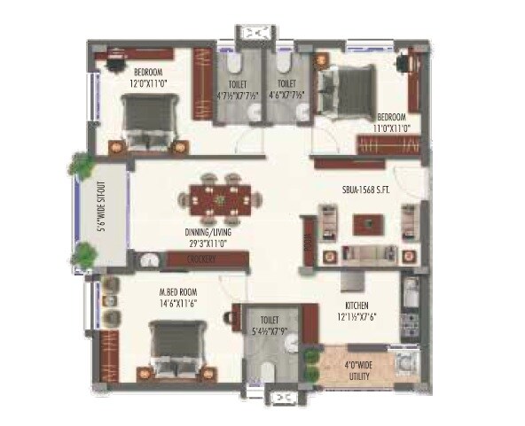 Floor plan of 3 BHK 1568 Sq. Ft. Apartment in Krushi Gardenia, Hyderabad