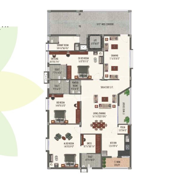 Floor plan of 3 BHK 2580 Sq. Ft. Apartment in Krushi Gardenia, Hyderabad