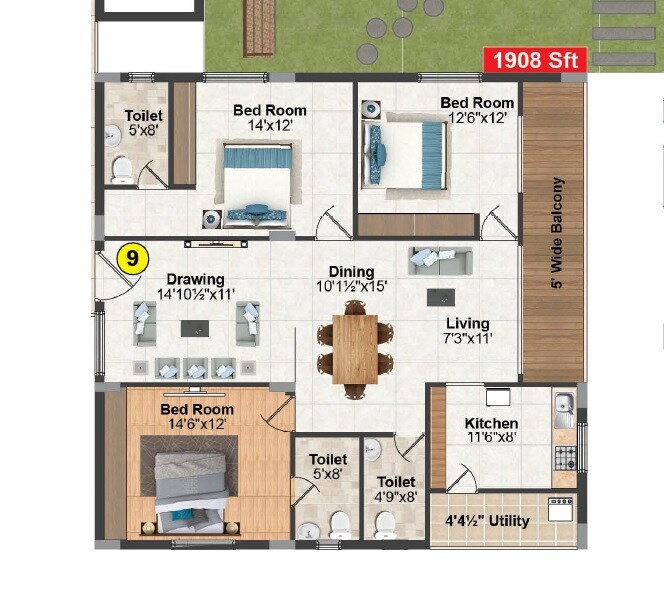 3 BHK 1908 Sq. Ft. Apartment