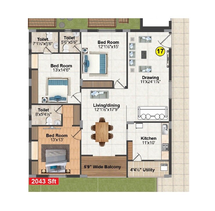 3 BHK 2043 Sq. Ft. Apartment