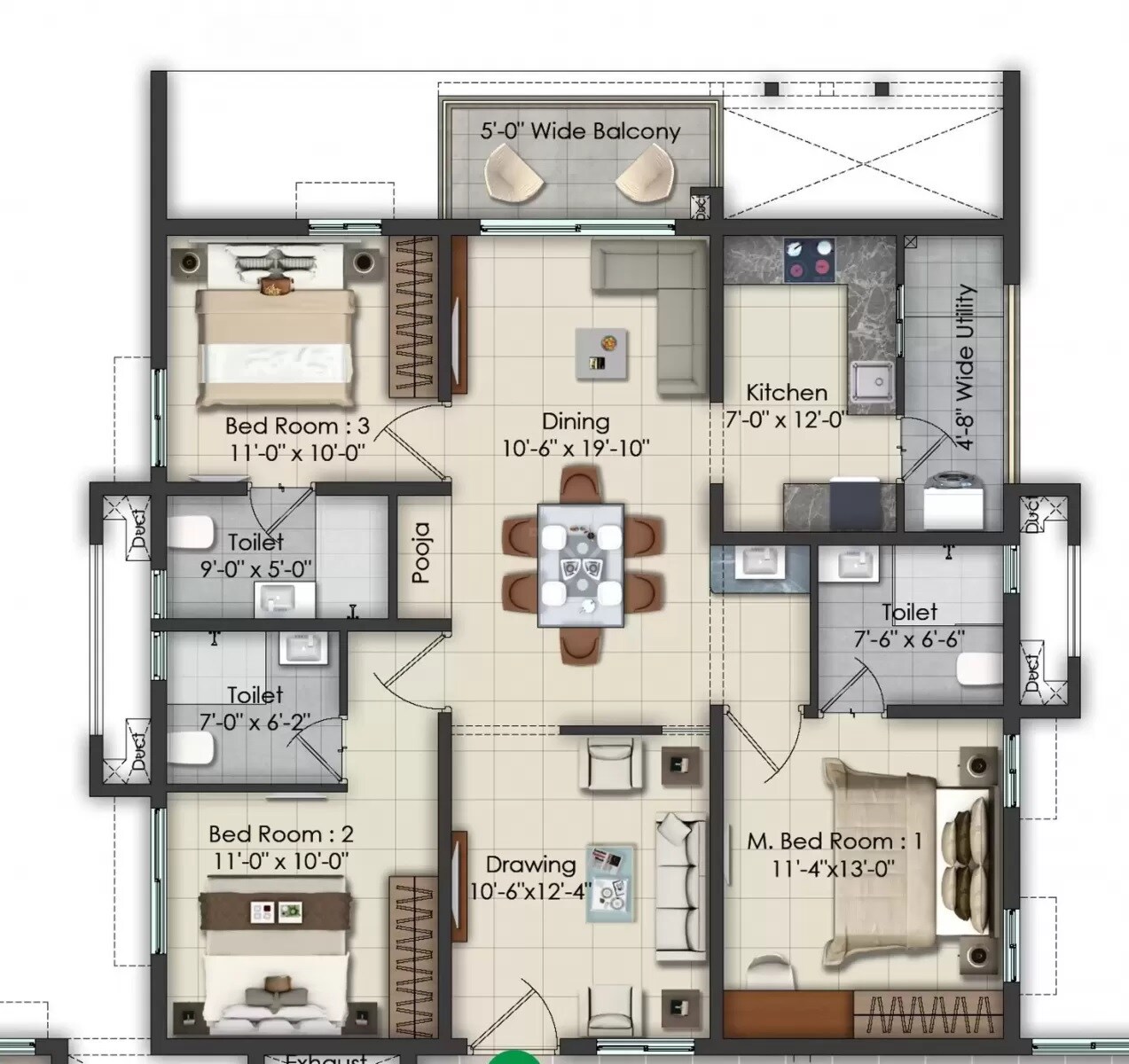 Floor plan of 3 BHK 1600 Sq. Ft. Apartment in KSR Greens, Hyderabad