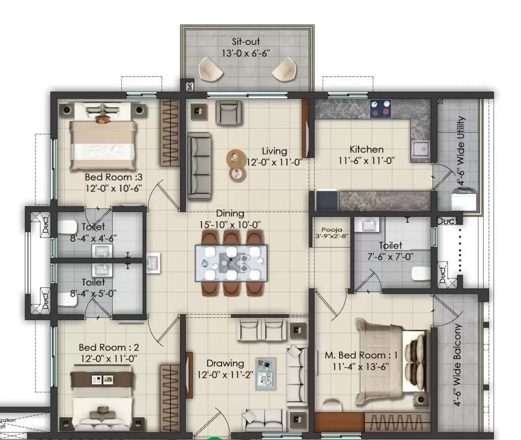 Floor plan of 3 BHK 1900 Sq. Ft. Apartment in KSR Greens, Hyderabad