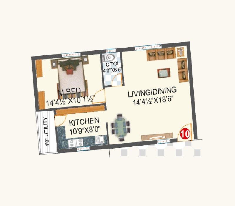 Floor plan of 1 BHK 875 Sq. Ft. Apartment in KSR Madhavaram Estate, Hyderabad