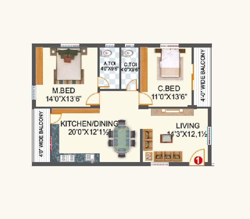 Floor plan of 2 BHK 1385 Sq. Ft. Apartment in KSR Madhavaram Estate, Hyderabad