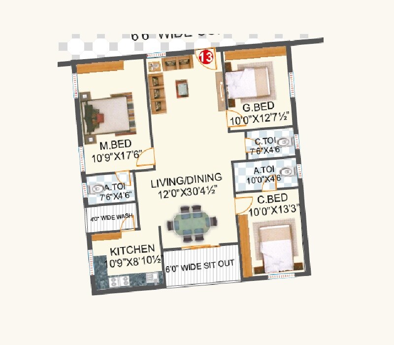 Floor plan of 3 BHK 1640 Sq. Ft. Apartment in KSR Madhavaram Estate, Hyderabad