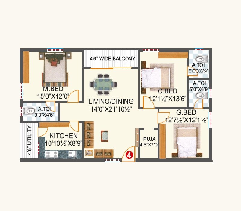 Floor plan of 3 BHK 1675 Sq. Ft. Apartment in KSR Madhavaram Estate, Hyderabad