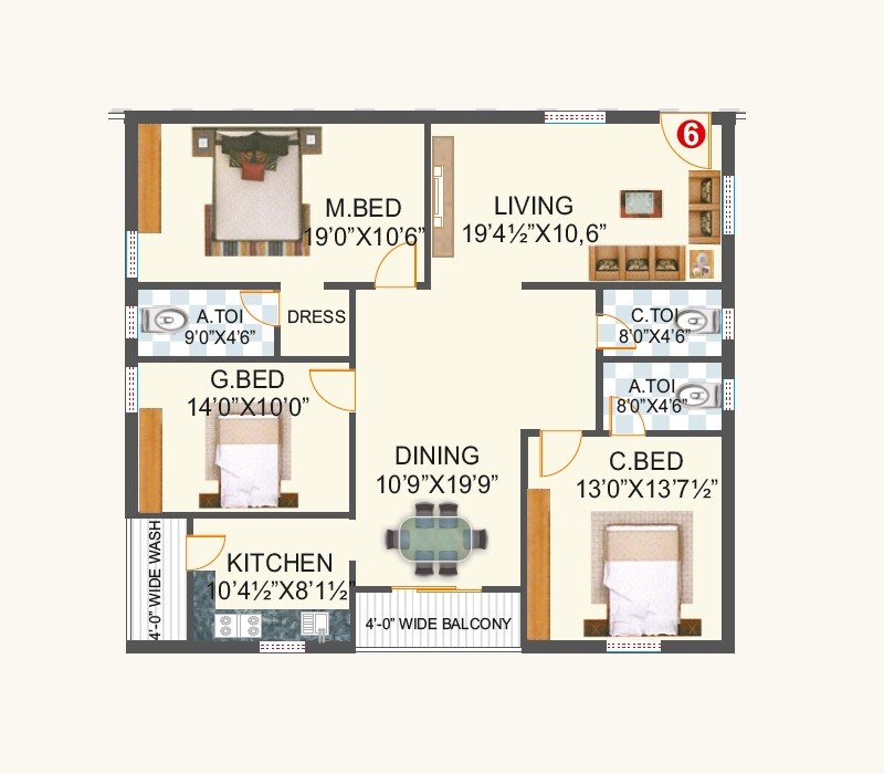 Floor plan of 3 BHK 1800 Sq. Ft. Apartment in KSR Madhavaram Estate, Hyderabad