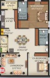 Floor plan of 2 BHK 1122 Sq. Ft. Apartment in KSR Signature 4, Hyderabad