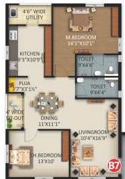 Floor plan of 2 BHK 1223 Sq. Ft. Apartment in KSR Signature 4, Hyderabad