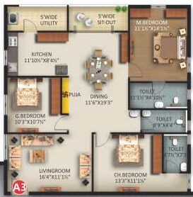 Floor plan of 3 BHK 1507 Sq. Ft. Apartment in KSR Signature 4, Hyderabad
