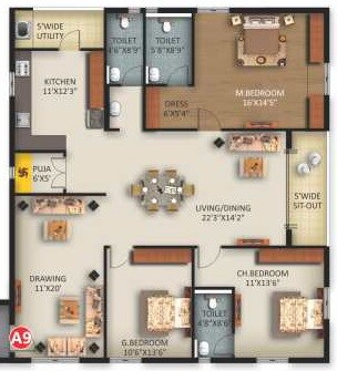 Floor plan of 3 BHK 2203 Sq. Ft. Apartment in KSR Signature 4, Hyderabad