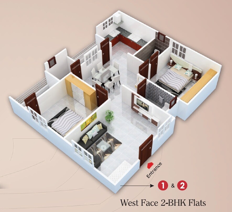 Floor plan of 2 BHK 1190 Sq. Ft. Apartment in KSR The Pearl Apartments, Hyderabad