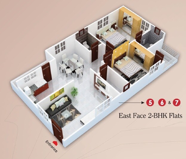 Floor plan of 2 BHK 1230 Sq. Ft. Apartment in KSR The Pearl Apartments, Hyderabad
