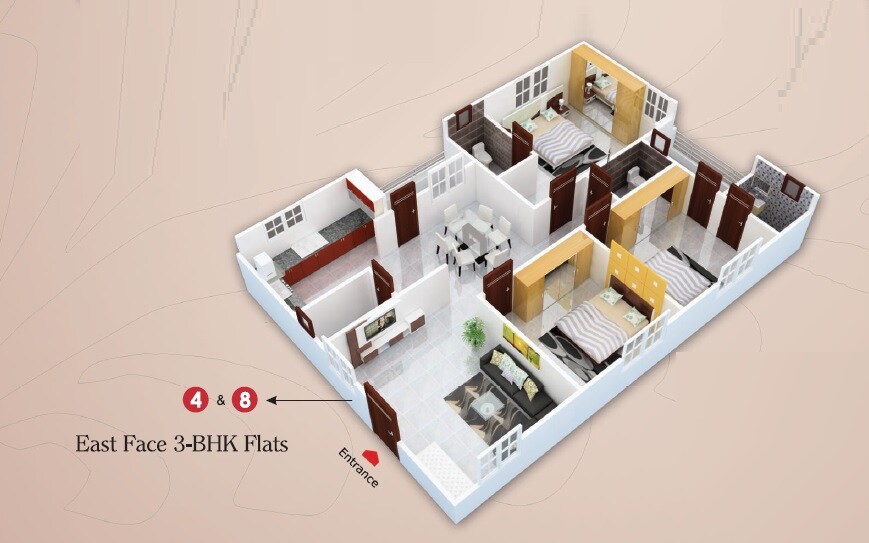 Floor plan of 3 BHK 1525 Sq. Ft. Apartment in KSR The Pearl Apartments, Hyderabad