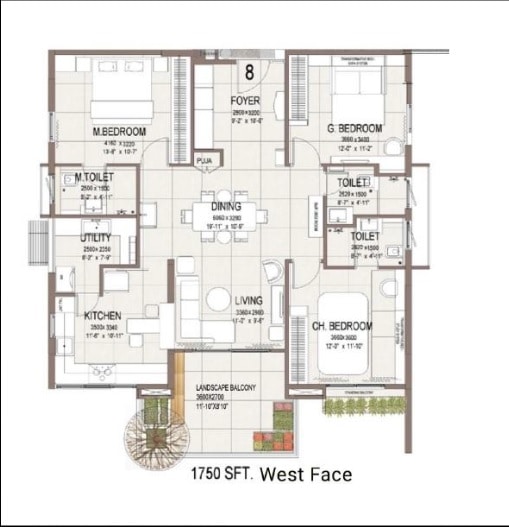 3 BHK 1750 Sq. Ft. Apartment