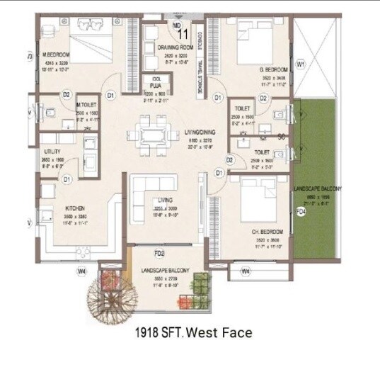 3 BHK 1928 Sq. Ft. Apartment