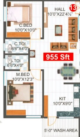 2 BHK 955 Sq. Ft. Apartment