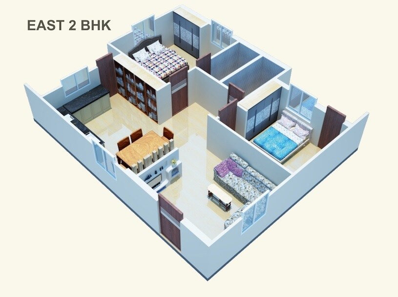 Floor plan of 2 BHK 1000 Sq. Ft. Apartment in KVN Matsyagiri Homes, Hyderabad