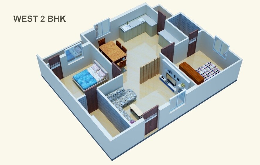Floor plan of 2 BHK 1125 Sq. Ft. Apartment in KVN Matsyagiri Homes, Hyderabad